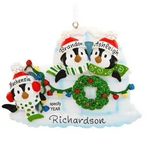 Personalized Igloo With 3 Penguins Christmas Ornament
