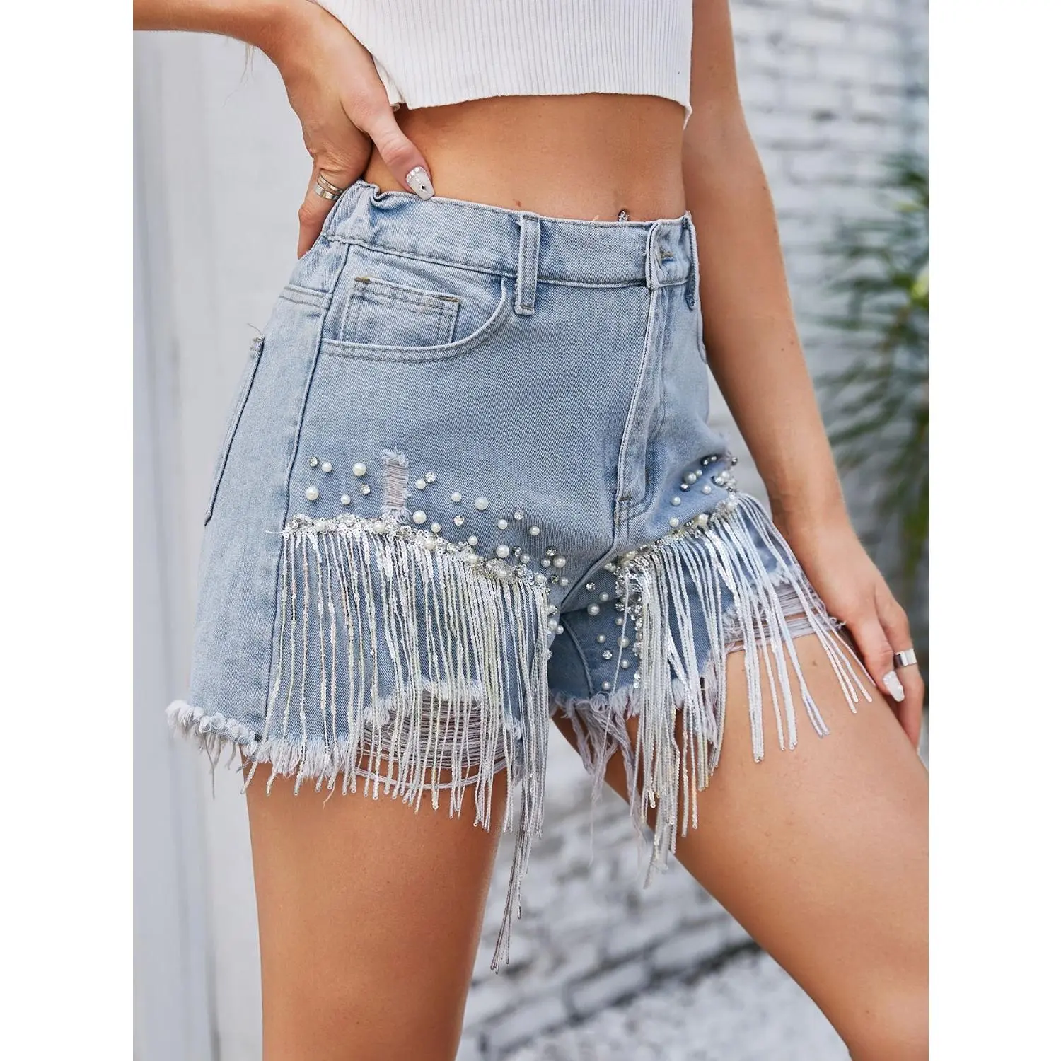 Distressed Pearl Trim Denim Shorts with Pockets