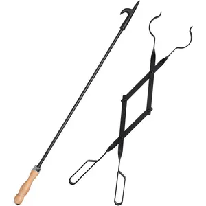 Heavy Duty 32" Long Fireplace Fire Pit Campfire Poker Stick and 26" Fireplace Tongs Tool Sets, Log Grabber, Rust Resistant Black Finish Camping Fireplace Tools for Indoor Outdoor