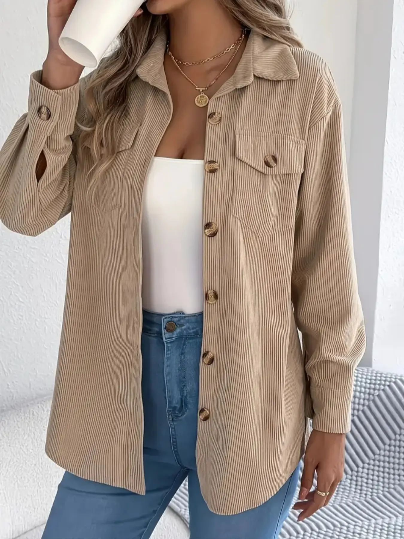 Plus Size Solid Color Basic Long Sleeve Button Front Fitted Jacket, Coats, Tops, Casual Lapel Design, Fall & Winter Fashion, Women's Outerwear, Womenswear