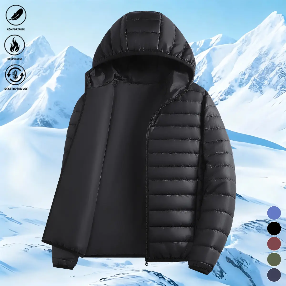 Men’s Winter Hooded Jacket – 100% polyester fiber, warm, locks in heat.Quilted down design, full zipper closure, side pockets.Perfect for cold weather, travel, or everyday wear.