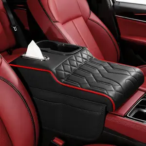 Upgraded  Center Console Cover,PU Leather  Armrest Cover Cushion Contains High Elasticity Sponge with 2 Storage Bags Tissue Box (Black RED-B)