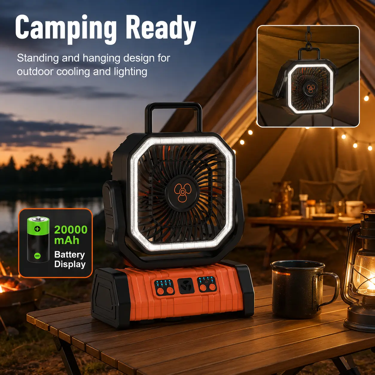 Cordless Fan with LED Light & 20000mAh Portable Charger, Cool Outdoor Gadgets with Sturdy Low-Noise Design and Hook Mount for Hiking, Cooling & Light, 20000 Mah, Battery Powered, Camping, Large Capacity, With Lights