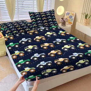 3Pcs Monster Truck Printed Fitted Sheet Set, Cartoon Vehicle Themed Bed Sheet Set, Soft Breathable Microfiber with Deep Pocket, Vibrant Digital Print, Ideal for Kids Bedroom, Playroom, Car Lover Nursery Decor