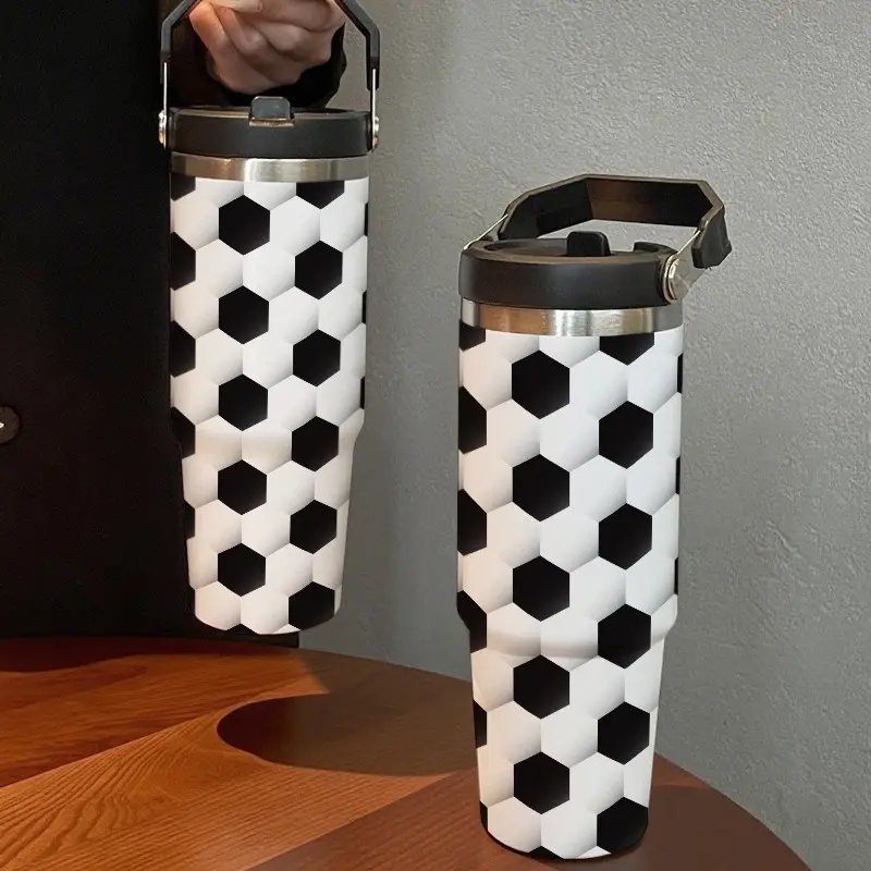 30oz Handheld Insulated Cup with Football Pattern, Large Capacity Stainless Steel Water Bottle with Straw, Tumbler, Leak Proof Insulated, Ideal for Sports Outdoor Home Travel Gift