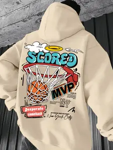 Men's Casual Basketball Print Hoodie, Comfortable Long Sleeve Hooded Sweatshirt, Fall & Winter Fashion, Loose-Fit Daily Wear