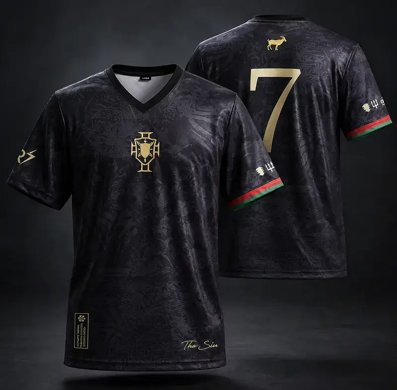 No.7 Black Gold V-Neck Jersey, Portugal Inspired Football Fan Shirt, Unisex Match Day Sports Top, GOAT Supporter Gift