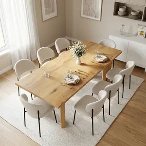 HIPIHOM 9-Piece Japandi Extendable Dining Set, Oak Grain Table (130-170cm) with 8 Corduroy Ergonomic Chairs, Space-Saving Minimalist Furniture for Nature Lovers, Aesthetic Home Inspo(B)