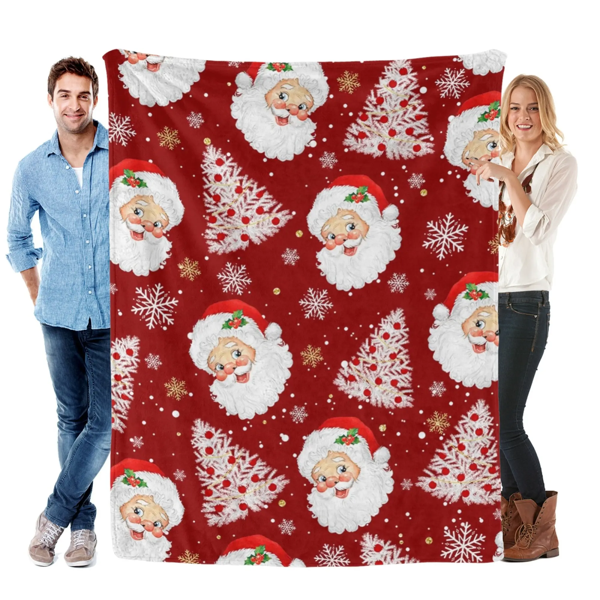 Santa Claus Blankets, Christmas Soft Anti Pilling Red Throw Blanket, Winter Snowflake Tree Decorative Lightweight Flannel Blanket,Sofa Fleece Blanket for Girl Children