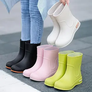 [Waterproof PVC] Women's Fashion Ankle Boots - Waterproof PVC, Flat Toe, Fabric Lining - Casual Outdoor Garden Work Footwear