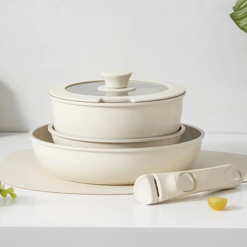 Non Stick Cookware Sets - 5-Piece Durable Technology Ceramic Set, Silicone Detachable Handles, Aluminium Core, Chemical-Safe, PFAS/PFOA/PTFE-Free, Up to 842°F Oven-Safe, Easy Cleanup, for Family Everyday Meals, Around-the-Clock Customer Support, Yes