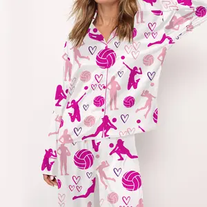SHESHOW - Volleyball Satin Pajama Set For Women Print Comfy Satin Sleepwear & Loungewear Pjs Printing Silky Top & Bottoms