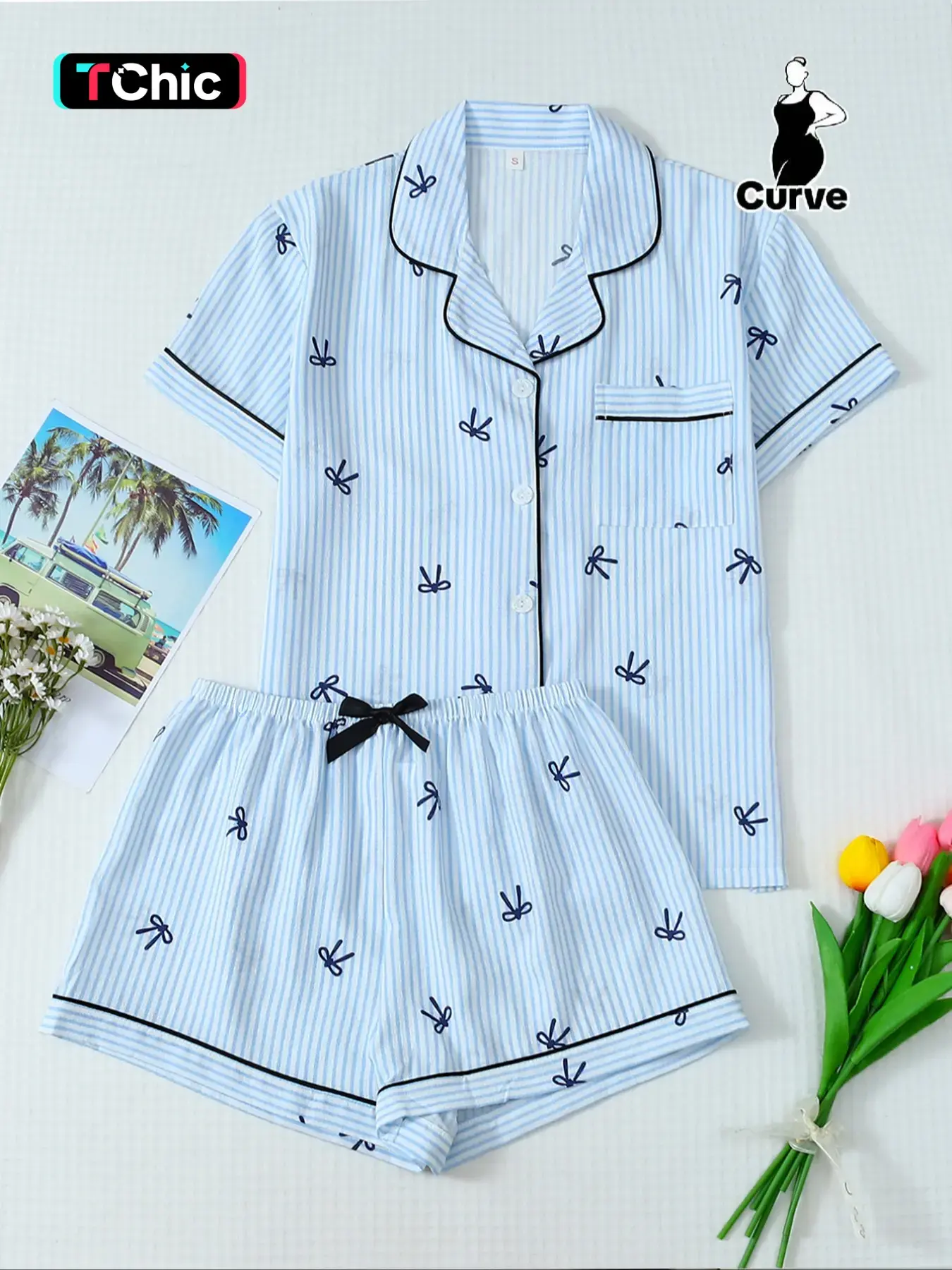Women's Plus Size Cute Pajama Set, Summer Bow Print Short Sleeve Collared Top & Shorts, Casual Everyday Home Wear Loungewear Nightwear #TChic