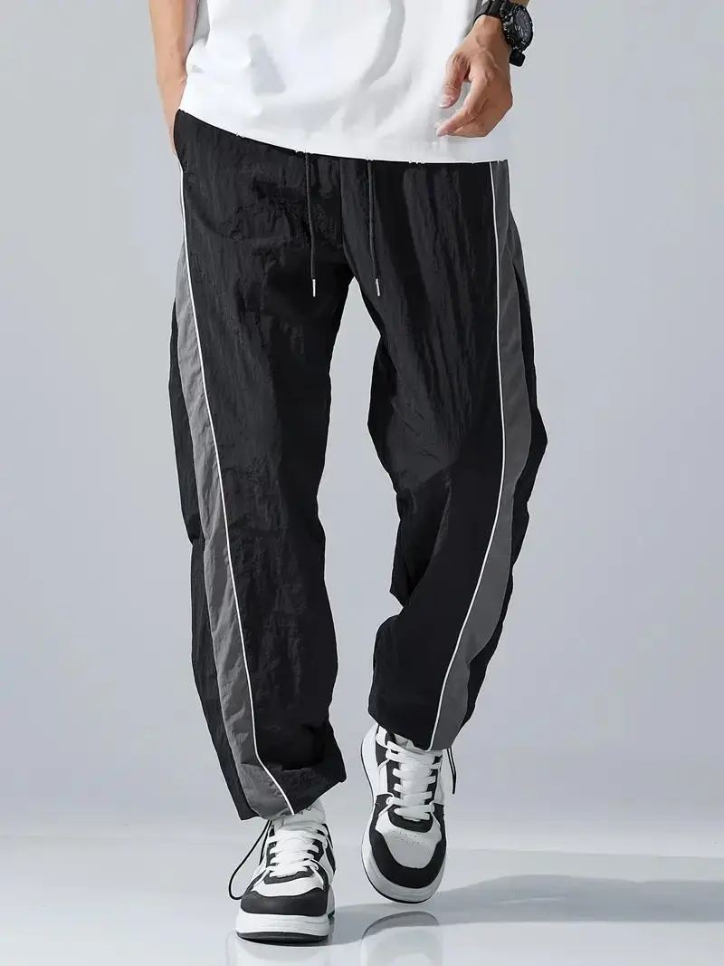 Men’s Loose-Fit Lightweight Nylon Athletic Pants - Casual Jogging Trousers with Side Stripes, Drawstring Waist, Straight-Leg Design, All Season for Everyday Outdoor Wear