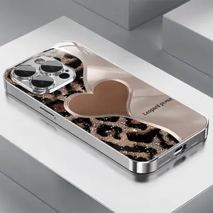 Fashionable and Unique Leopard Print Heart Design Electroplated Shockproof Glass Phone Case,for iPhone 17 Pro Max Phone Case 17 Air 16E 16 Pro Max 15 Pro Max 15 Plus 14 Plus 13 12 11 Phone Cases
