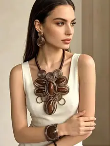 1 Set Brown Retro Ethnic Spiral Necklace Earrings Bracelet Set | Handmade Textured Statement Jewelry for Women