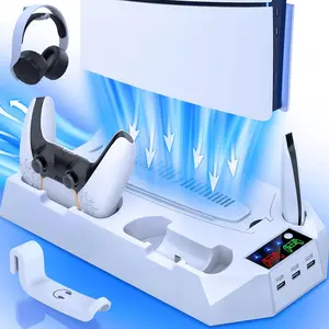 PS5/Slim/Pro Cooling Station for  5 Console Disc/Digital Edition - PS5 Slim Pro Cooling Stand with Controller  Station Accessories-Cooler Fan/Headset Holder/3 USB Hub, White