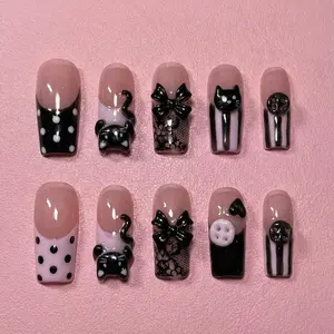 DARK COQUETTE | 3D Black Cat Lace Press On Nails | Gothic Bow Button Fake Nails | Whimsigoth Lolita Aesthetic | Reusable Coffin Set 2026