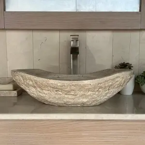 Oval Travertine Vessel Sink - Modern Rustic Chiseled Canoe Shape Bathroom Sink with Hand-Carved Marble, Real Stone Basin & Free Soap Tray