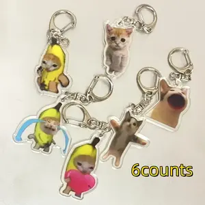 Banana Cat Keychain Set, Transparent Acrylic Cute Couple Bag Charm Gift, Halloween Christmas Holiday Present, 6-Piece Collection, Keychain for Bags