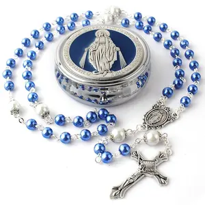 Imitation Pearl Virgin Mary Cross Rosary Necklace Handmade Curved Needle Holy Communion Baptism Prayer Rosary Classic Beaded Chain 51-60 cm Vintage Artistic Design