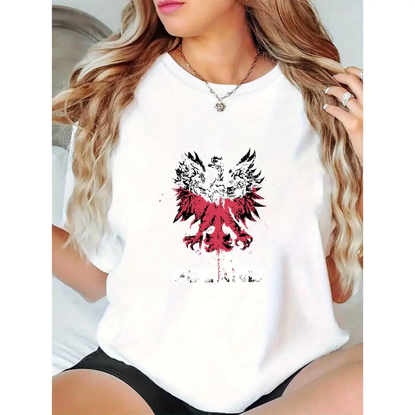 Women's Cotton White Basic Short-Sleeve Elegant Ladies' Tee - Round/Crew Neck, Simple Distressed Polish Eagle Patriotic Print, Poland Flag Colors, Regular Fit, Feminine Top for Polish Heritage Celebrations, Daily Wear