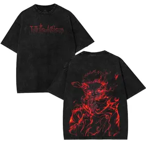 valentine shirts Jujutsu Kaisen - Ryomen Sukuna, Double 2 Sided anime manga game T-Shirt, Acid Washed unisex Classic Fit Menswear Top graphic tees Cotton Fabric Seamless Tshirt Black Casual streetwear t-shirt clothes Round Neck Shortsleeve