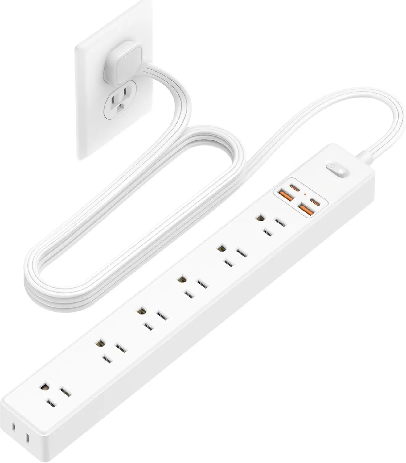 6 Ft Power Strip Surge Protector - 7 Outlets 4 USB Ports (2 USB C), Ultra Thin Flat Extension Cord & Flat Plug, 1700 Joules, Wall Mount, Desk  Station for Home Office Dorm, White