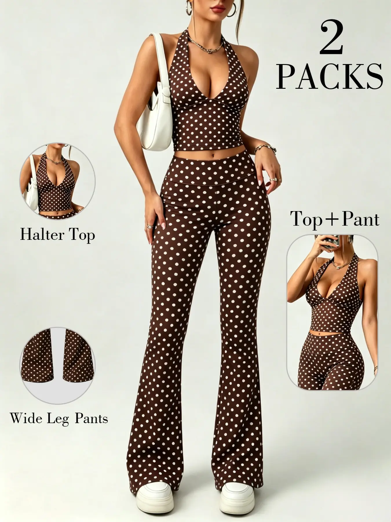 Women's Clothes Polka Dot Halter Crop Top and Wide Leg Flared Pants Set, Deep V Neck Sleeveless Top + High Waist Bell Bottoms, Y2K Retro Casual Style, Outfit Set, Casual Summer Set