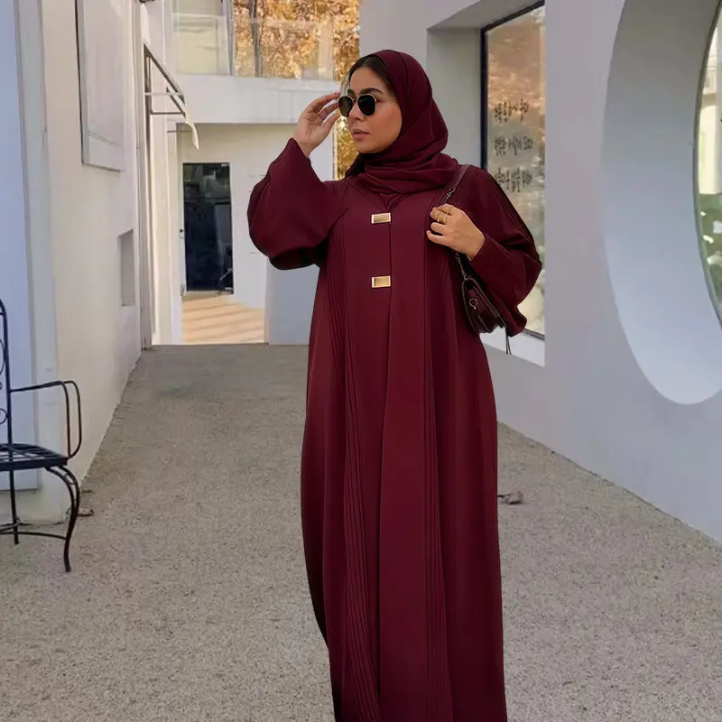 Elegant Solid Color Abaya for Women, a Loose Fit Long Sleeve Polyester Kaftan Dress with Pullover Closure for Modest Holiday Wear, Lightweight, Cute, Preppy, Sweet, Minimalist, Modest Fashion, All Seasons, Spring, Plain, Basic