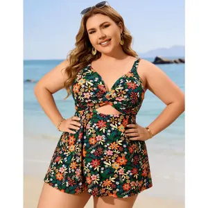 2026 Plus Size Vibrant Floral Print Swim Dress, Halter Neck Twist Front Cutout Tummy Control Bathing Suit with Built-in Briefs, Modest Curvy Swimwear for Beach Vacation