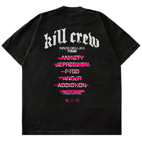 Kill Crew Men's Cotton Short-Sleeve Oversized Graphic Shirt - Inner Demons Tour, Round Neck, Relaxed Fit Streetwear Clothing, Easy Layering Top, XS Size Menswear Shirts