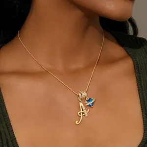 FAITHOPIA Initial   for Women, Gold Letter Pendant  with Blue  Zircon Charm, Personalized A-Z Jewelry Gift necklace Heart
