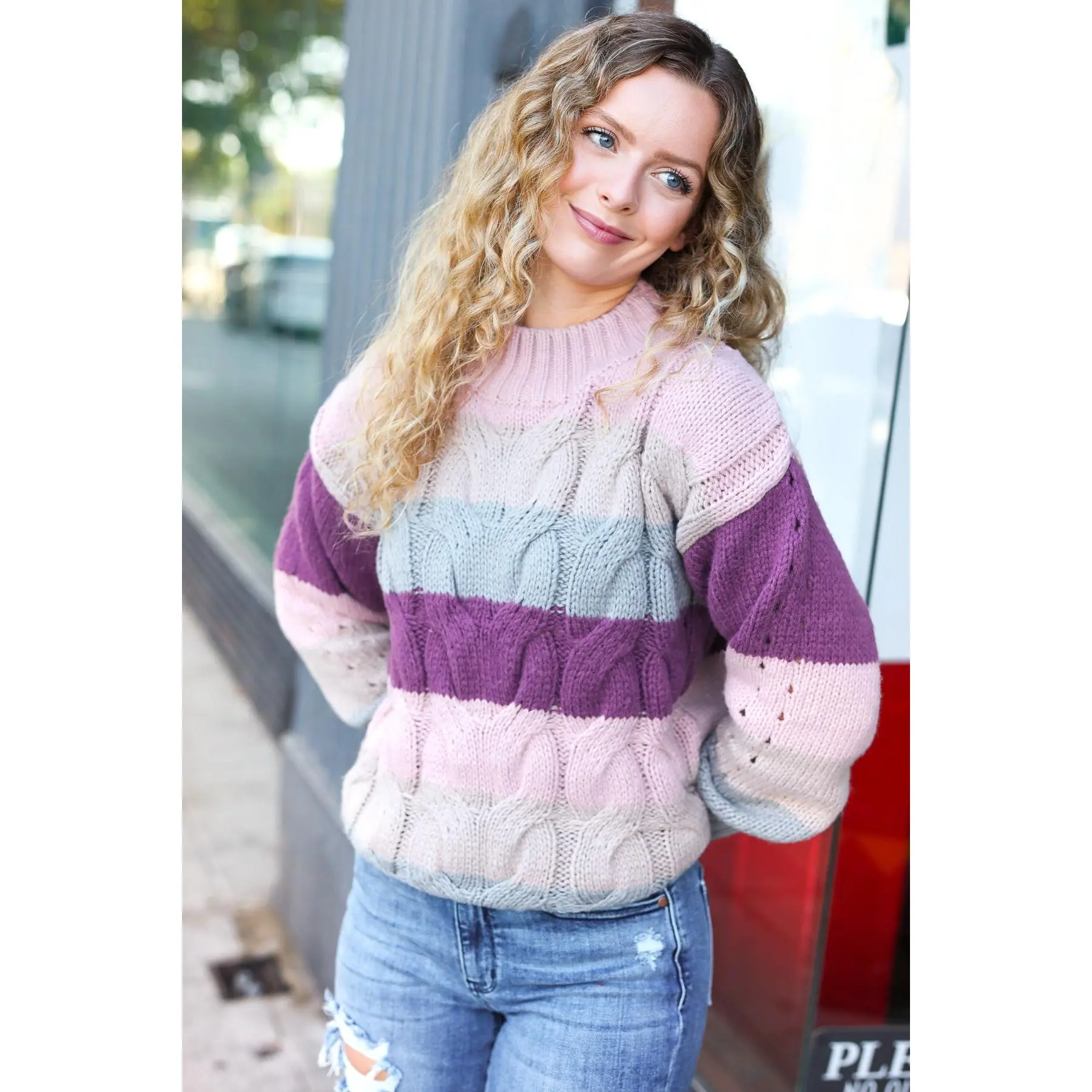 Fall For You Mauve Multicolor Stripe Cable Knit Mock Neck Sweater