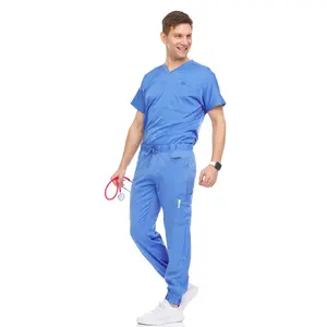 Medichic Men's Workwear Stretch V-Neck Scrub Joggers Set with Seven-Pocket Pants, Available in 6+ Colors