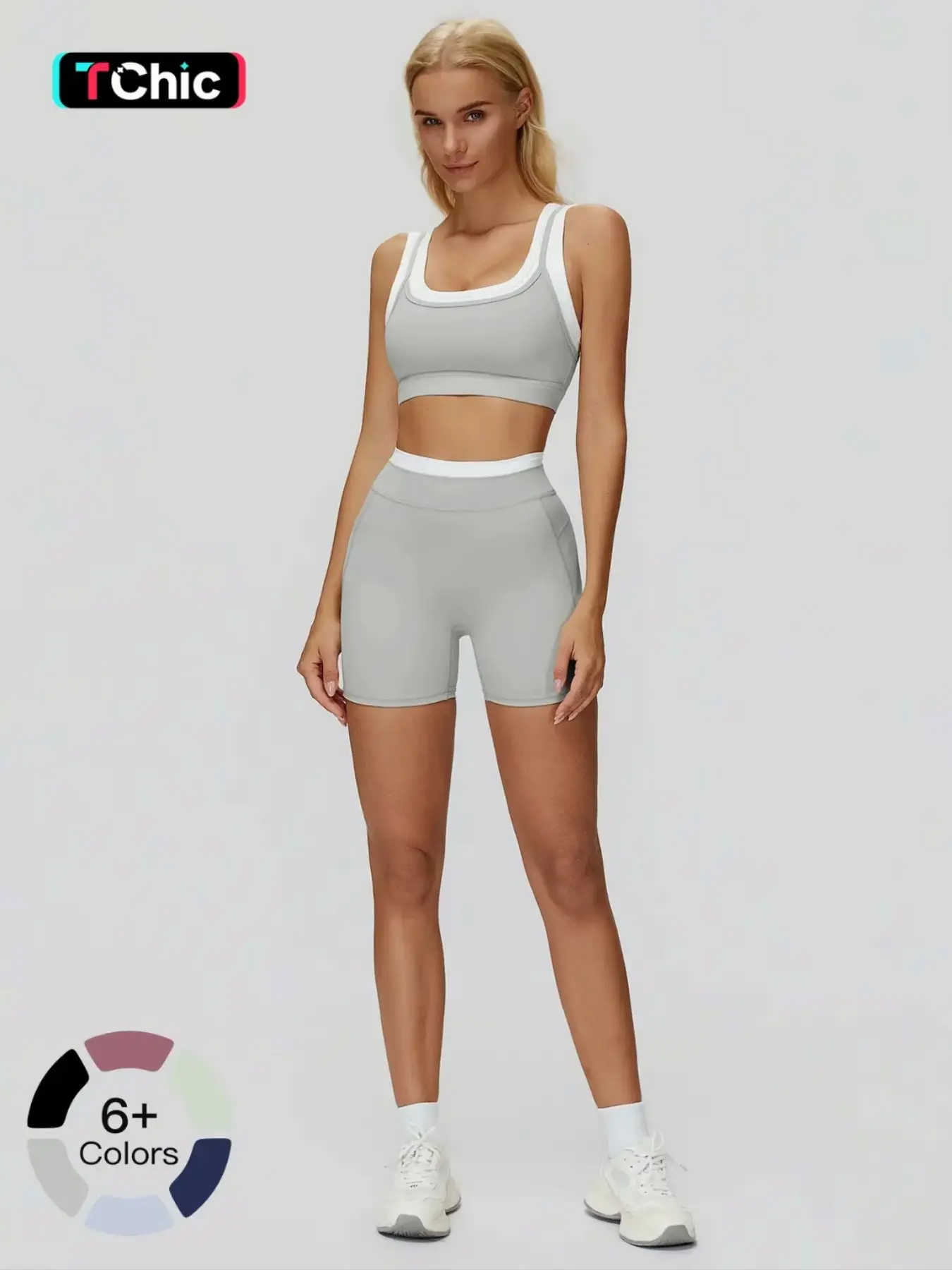 Women's Two-Piece Colorblock Yoga Set, Sports Fitness Outfit, Breathable Sports Bra & High-Waisted Tummy Control Butt-Lifting Ribbed Shorts, Casual Fitness Sportswear, Summer Activewear, Exercise Clothing, Sportswear Clothing