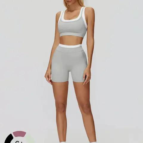 Women's Two-Piece Colorblock Yoga Set, Sports Fitness Outfit, Breathable Sports Bra & High-Waisted Tummy Control Butt-Lifting Ribbed Shorts, Casual Fitness Sportswear, Women Workout Clothes, Summer Activewear, Sportswear Clothing