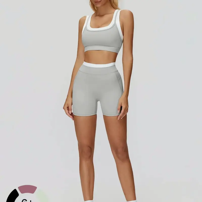 Women's Two-Piece Colorblock Yoga Set, Sports Fitness Outfit, Breathable Sports Bra & High-Waisted Tummy Control Butt-Lifting Ribbed Shorts, Casual Fitness Sportswear, Women Workout Clothes, Summer Activewear, Sportswear Clothing