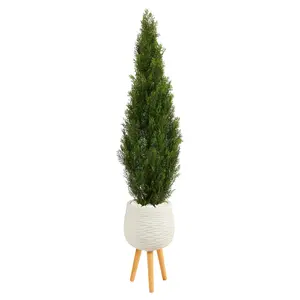 5' Cedar Artificial Tree in White Planter with Stand (Indoor/Outdoor)