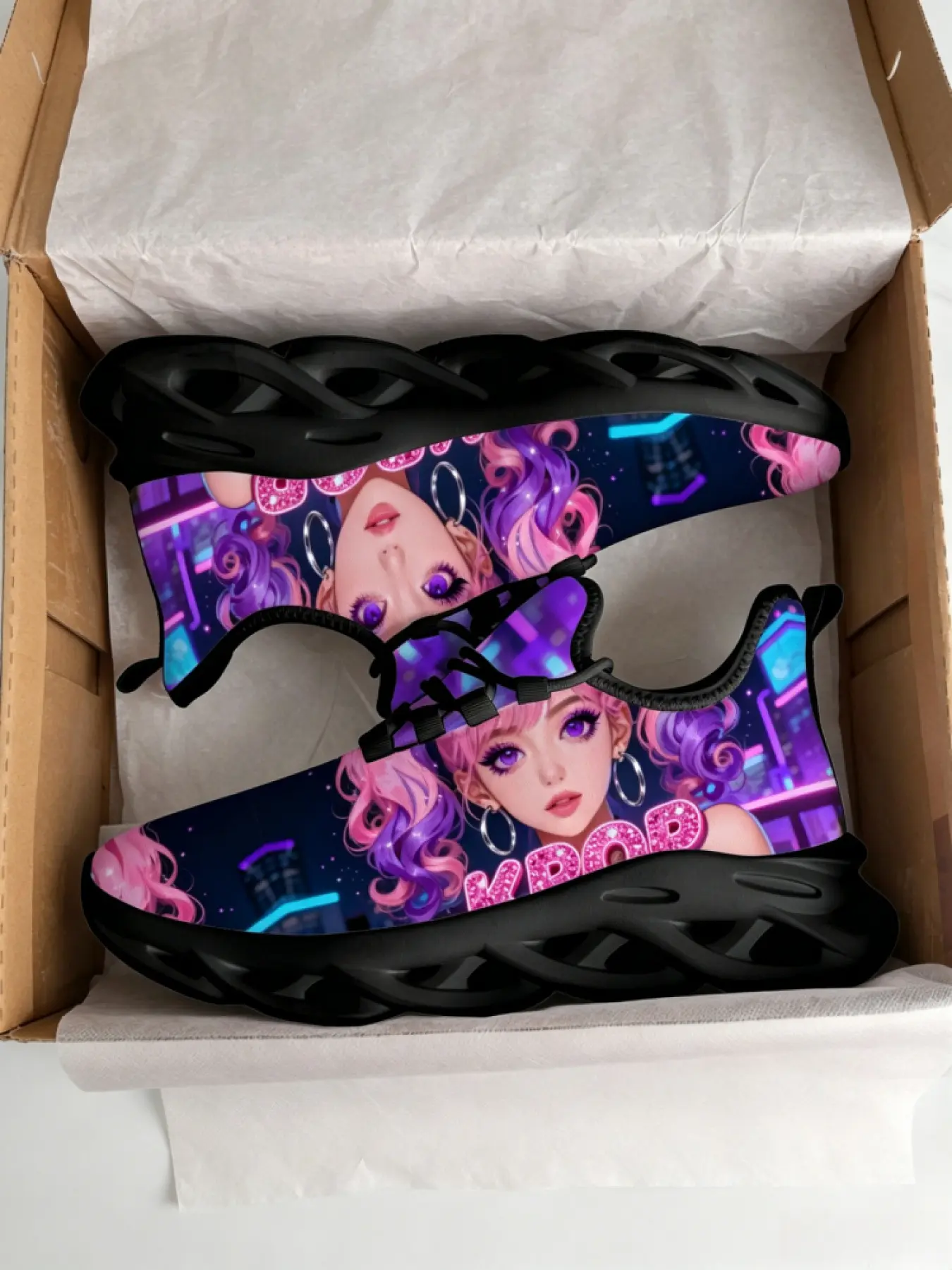 1 Pair Unisex Casual Sports Shoes, Lightweight Breathable Non-Slip Platform Shock-Absorbing, Ideal for Daily Outdoor Wear, Cyberpunk Girl Full Print Trendy Texture, Graphic Print Sneakers