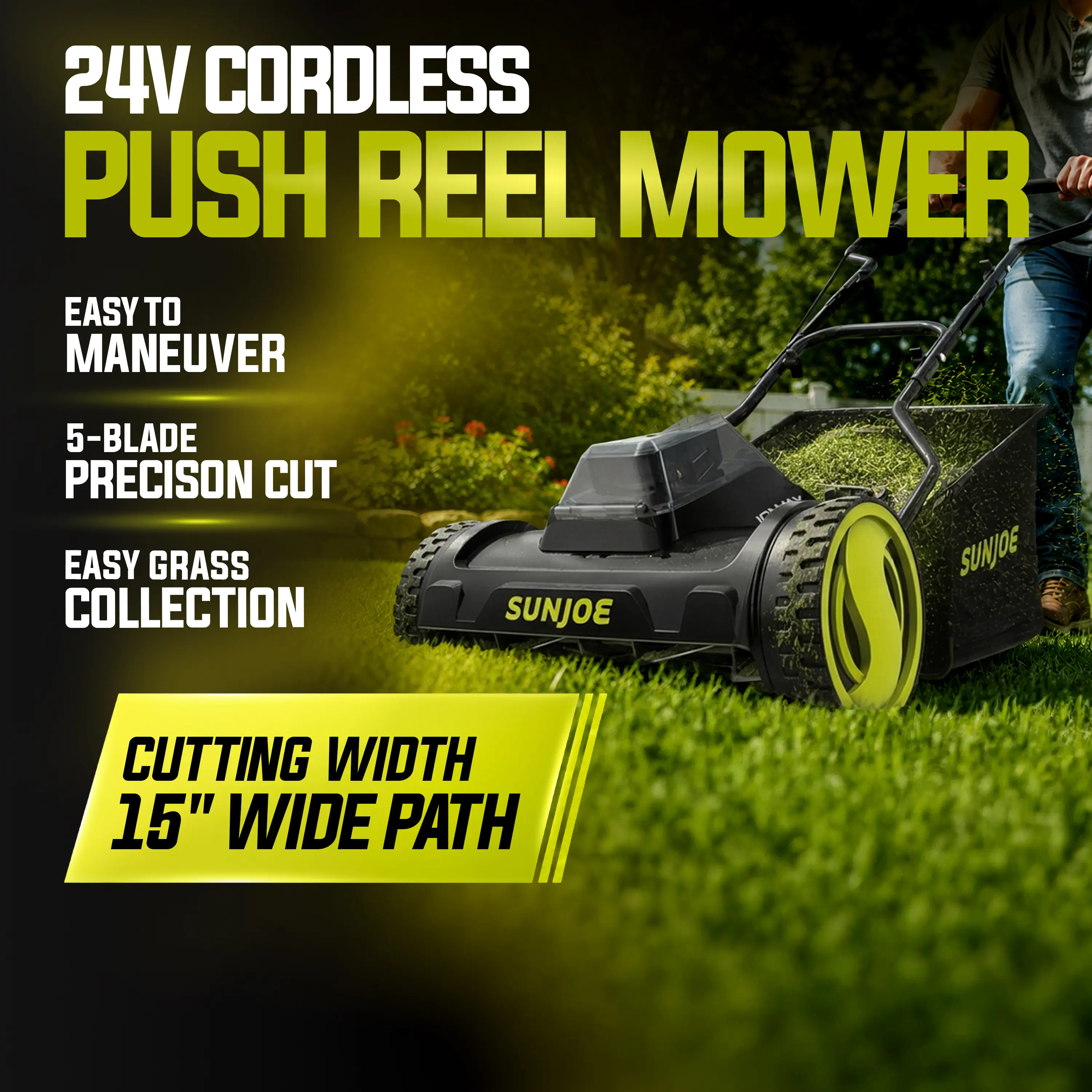 Sun Joe 24-Volt* IONMAX Cordless Push Reel Mower W/ Collection Bag | 15-inch | W/ 4.0-Ah Battery + Charger