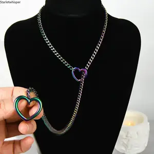 Heart & O Shape Slider Chain Necklace for Women, Punk Rock Style Cuban Link Long Y Lariat Necklace, Adjustable Sliding Design, Unique Elegant Jewelry, Perfect for Daily Wear & Gift Giving