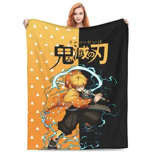 Demon Slayer Zenitsu themed printed flannel blanket, soft and warm, comfortable in all seasons, suitable for beds, sofas, offices