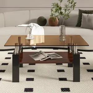 Retro Modern Coffee Table with Brown Tempered Glass Top & MDF Shelf, Rectangle Warm Tone Center Table for Living Room, Sofa Table with Storage