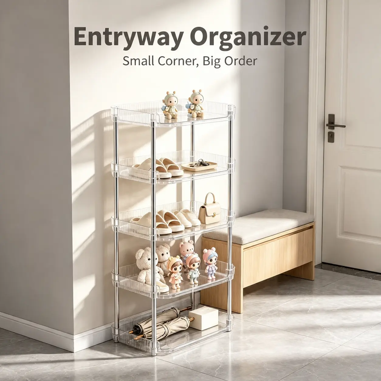 5-Tier Transparent Storage Rack | Freestanding Slim Clear Shelving Unit, Multi-Purpose Space Saving Organizer, Perfect for Entryway Shoes, Bathroom, Kitchen, Bedroom & Kids Toy Storage