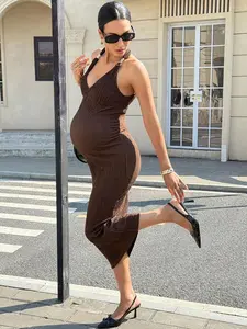 ELLIOTTWII Halter Neck Maternity Dress High Elastic Knit Texture Old Money Aesthetic Workwear