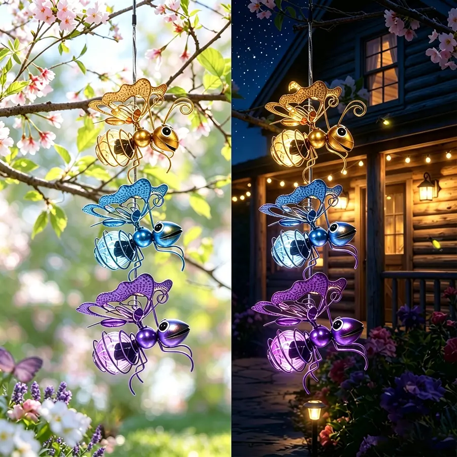 Honeybee Solar Lantern Garden Decor, LED Hanging Solar dragonfly Decoration, Patio Yard Butterfly Sculptures, for Outdoor Bug Decorations, Waterproof and aesthetically pleasing