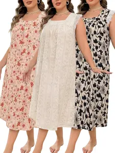 Women's Summer Sleepwear Set, Lace Trim Bubble Cotton Nightgown, Princess Style Plus Size Home Wear, Ditsy Floral Print Loose Fit