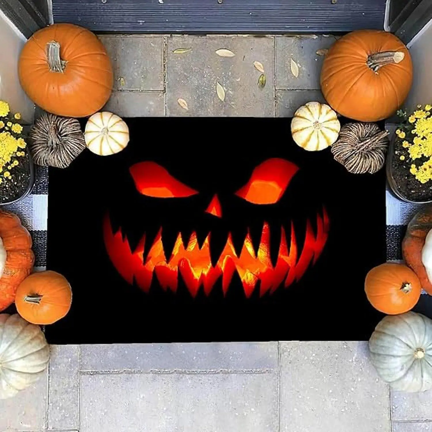 Classic Multi-Size Halloween Scary Jack-o'-Lantern Face Flannel Front Door Mat, Outdoor Entryway Fall Porch Decor
