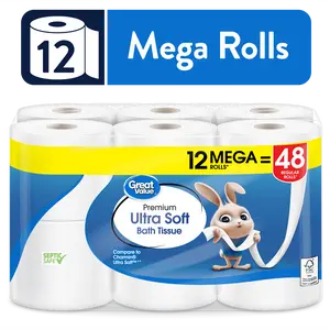 Great Value Durable Ultra Soft 2-Ply Toilet Tissue, 12 Mega Rolls Pack